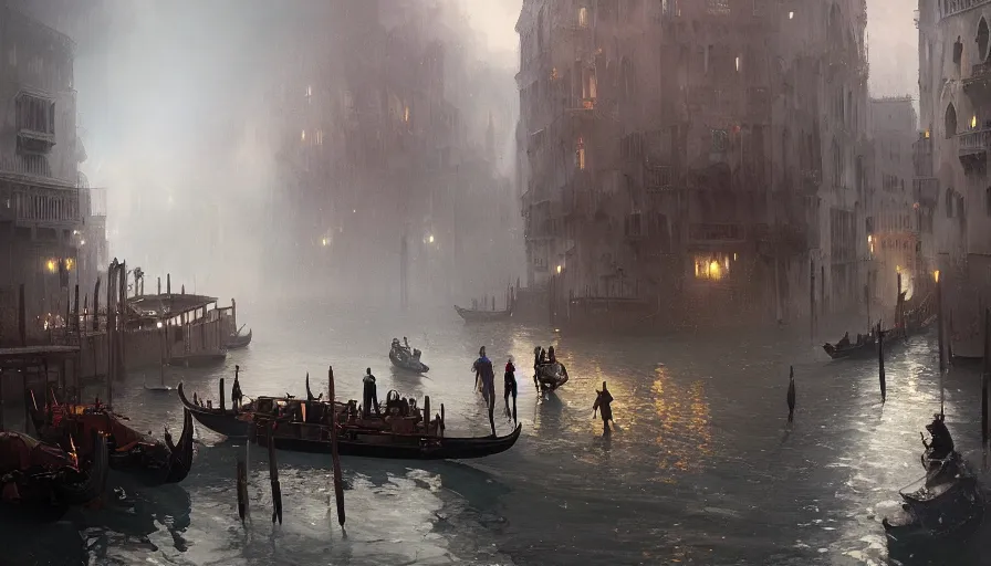 Image similar to Venice turned to a Dieselpunk city, steam, dieselpunk gondola, oil petroleum rivers, epic composition, intricate, elegant, volumetric lighting, digital painting, highly detailed, artstation, sharp focus, illustration, concept art, ruan jia, steve mccurry