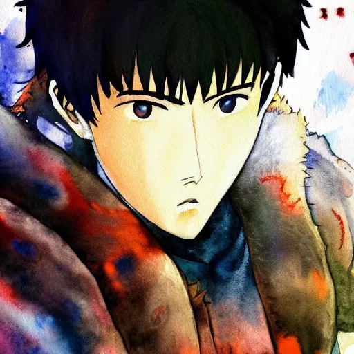 Image similar to A watercolor portrait of Kenzo Tenma, 4k, in the style of Berserk, trending on artstation, tasteful, bokeh, hyperrealistic, highly detailed, good proportions