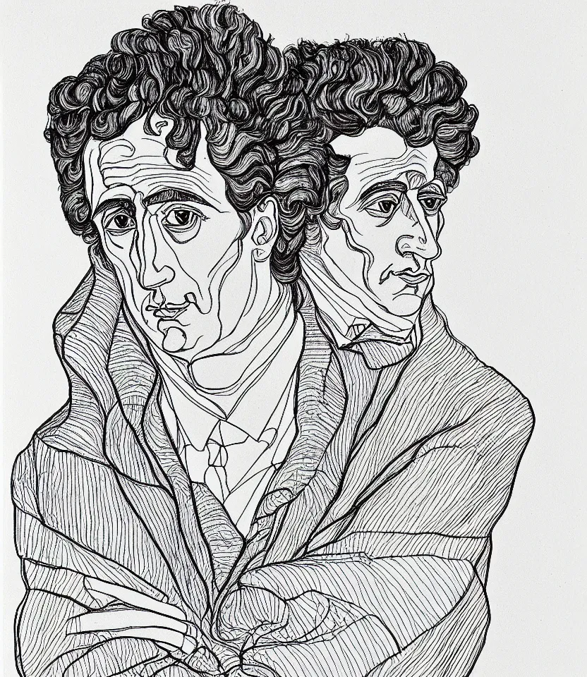 Image similar to detailed line art portrait of goethe, inspired by egon schiele. caricatural, minimalist, bold contour lines, musicality, soft twirls curls and curves, confident personality, raw emotion