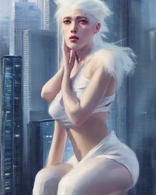 Prompt: a white haired girl sitting on top of a skyscraper wearing a crop top, medium shot, digital expressive oil painting, by jeremy lipking, by wlop, by studio ghibli, cyberpunk, gorgeous eyes