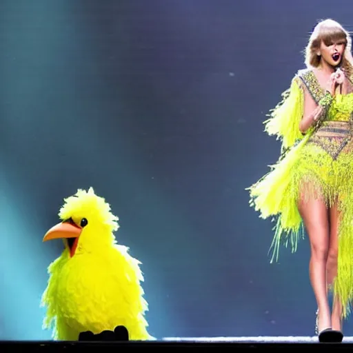 Prompt: Taylor Swift in a Big Bird Costume on stage