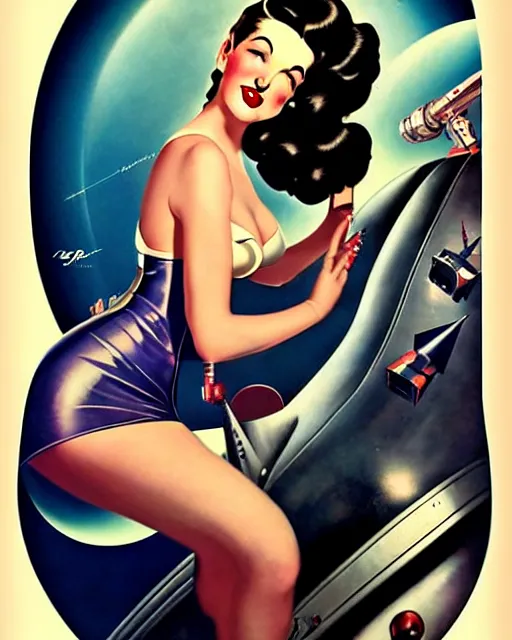 Image similar to retro space dita von teese varga girl posing on a space ship in dieselpunk city, windblown dark hair, retro pinup model, seductive, 1 9 4 0, hyper detailed, digital art, smooth, sharp focus, gil elvgren,