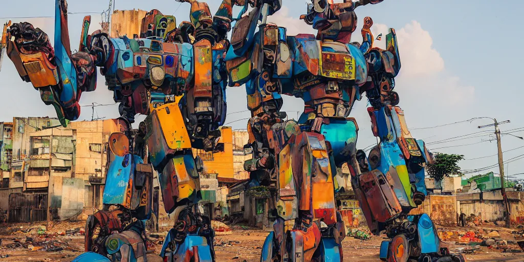 Image similar to colourful - damaged - giant mecha ROBOT of AJEGUNLE SLUMS in Lagos, markings on robot, Golden Hour, in the style of studio ghibli,