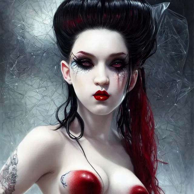 Image similar to two beautiful pale skin girls trapped chain cosplay with black hair in fully tattooed body and fishnet clothes fully on, rye slavery style, beautiful detailed face, white face makeup, big red lips, black eye makeup, masterpiece, trending, art by artgem and wlop and karol bak and gennady ulybin and stanley lau and magali villeneuve