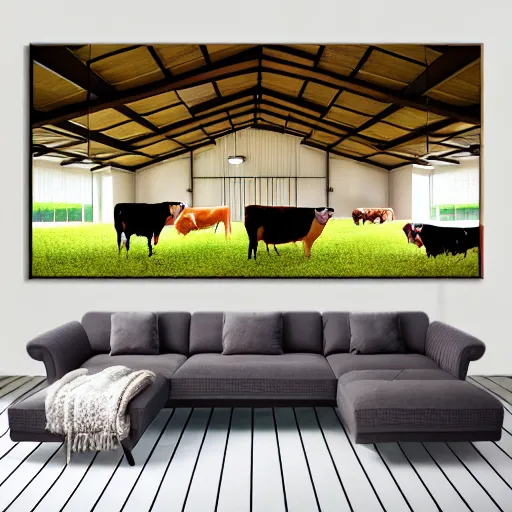 Image similar to interior view of modern futuristic farm barn architecture and interior design showing cows laying down on sofas and pigs and chickens sitting in lounge chairs, wall art, throw pillows, areas rugs, feed troughs, hay, detailed luminescent oil painting 4 k