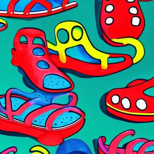 Prompt: retro, hd illustration of crocs shoes, inspired by watercolor masterpieces, matisse, malevich, david hockney, keith haring, colorful, happy, trending on artstation, 4 k