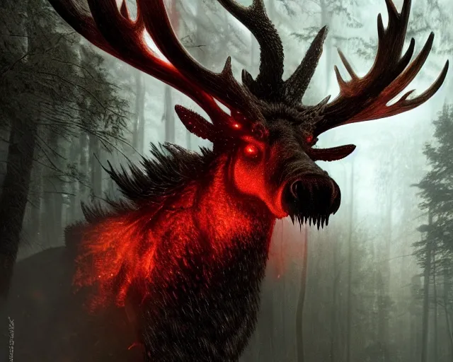 Image similar to 5 5 mm close up portrait photo of an armored demonic fire breathing moose with red eyes and antlers and looking at the camera, in a magical forest. dark atmosphere. art by greg rutkowski and luis royo. highly detailed 8 k. intricate. lifelike. soft light. nikon d 8 5 0.