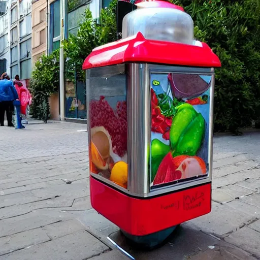 Prompt: a food dispenser in the street surround by beautiful street art