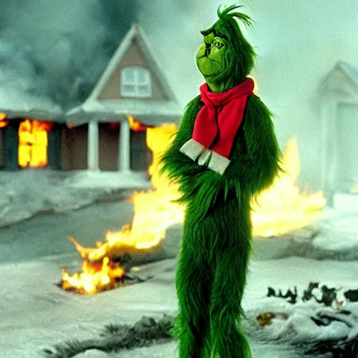 Prompt: the grinch committing arson in whoville