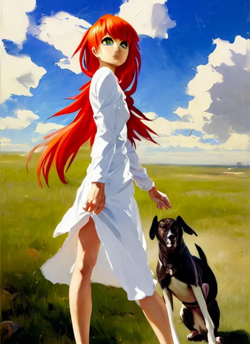 Image similar to Greg Manchess painting of Asuka Langley Soryu in a casual white dress out with the dogs, EVA unit-00 in the back, countryside, fantasy character portrait, dynamic pose, above view, sunny day, thunder clouds in the sky, artwork by Jeremy Lipkin and Giuseppe Dangelico Pino and Michael Garmash and Rob Rey, very coherent asymmetrical artwork, sharp edges, perfect face, simple form, wacky, 100mm