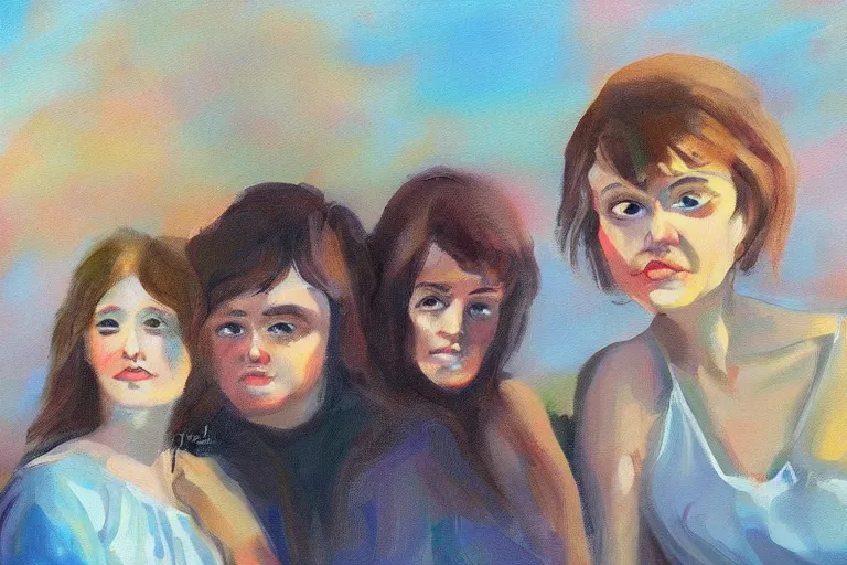 Image similar to beautiful painting of friends, beautiful faces, sitting on the edge, cute, soft light, digital painting by diane arbus