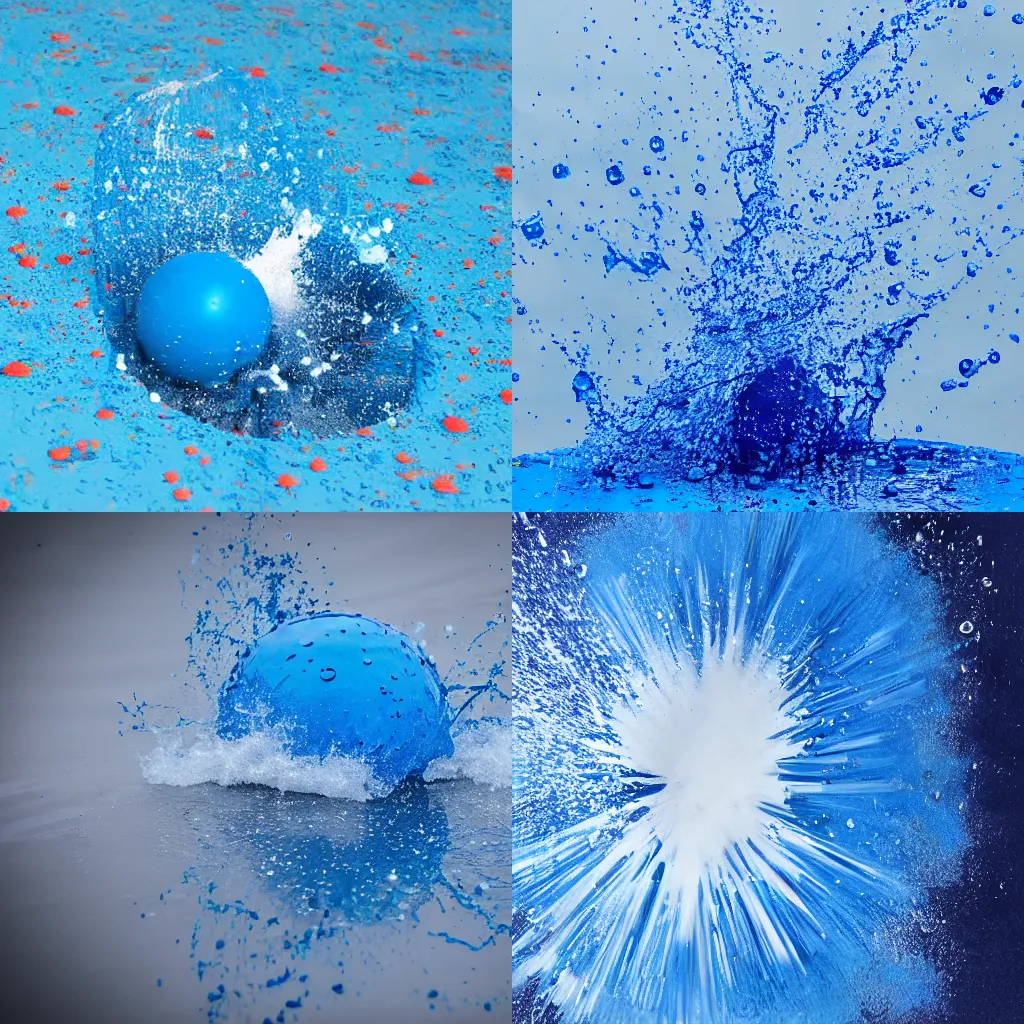 Prompt: ball splashing into a puddle of blue paint, big splash, freeze frame