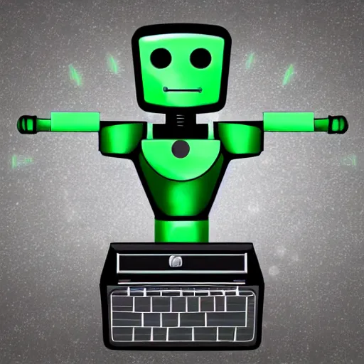 Image similar to marvin white smoth round modern robot with triangular green eyes standing on a pile of old computers with a pen in its hand sci - fi photorealistic