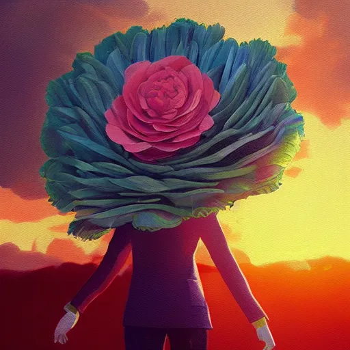 Image similar to portrait, giant rose flower head, girl in a suit, surreal photography, sunrise, blue sky, dramatic light, impressionist painting, digital painting, artstation, simon stalenhag