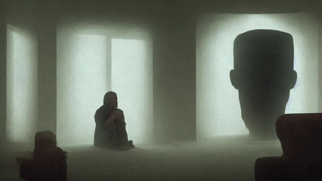 Prompt: people sit in the living room, a giant head watches them through a window, film still from the movie directed by Denis Villeneuve with art direction by Zdzisław Beksiński, wide lens