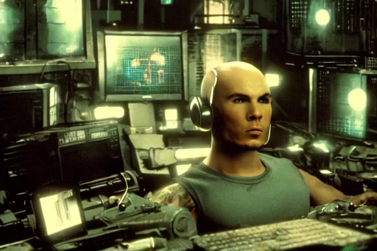 Image similar to cyborg - pitbull, surrounded by screens, in 2 0 0 1, y 2 k cybercore, industrial low - light photography, still from a ridley scott movie