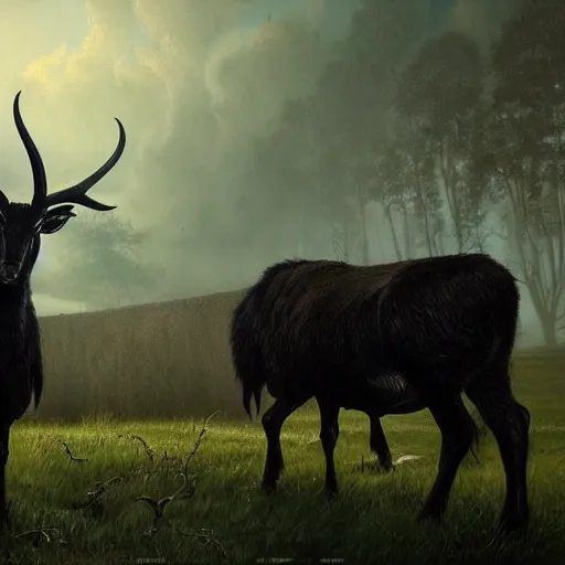 Image similar to thomas kincaid painting of black phillip, long horns, 1 0 legs. from the movie the witch. dynamic lighting, masterpiece painting, octane render, cinematic trending