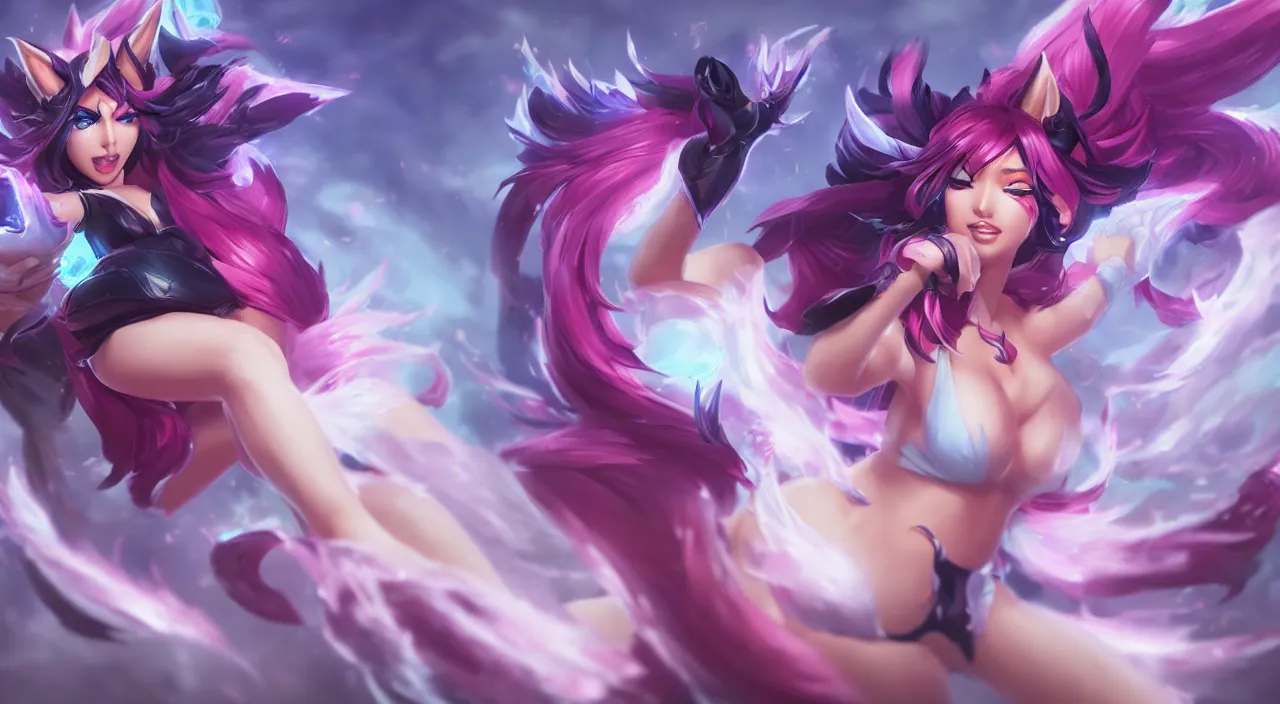 Image similar to Ahri, splash art from league of legends by Alex Flores, Chengwei Pan, Bo Chen, Jennifer Wuestling, 4K, UHD, High quality, Trending on Artstation HQ