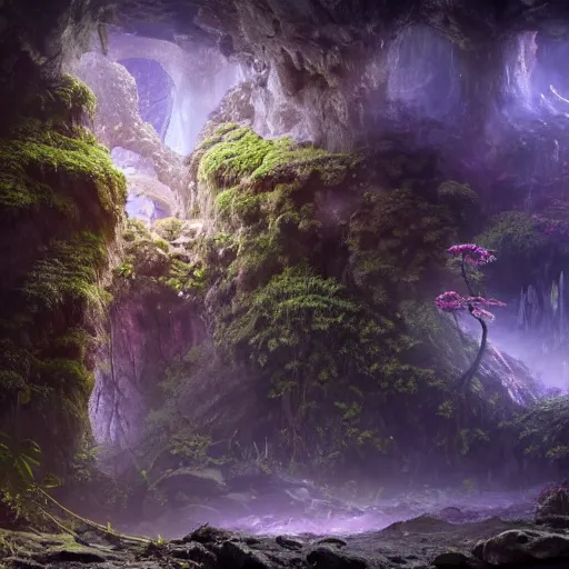 Image similar to photo an overgrown deep underground cave on another world embellished with a lush overgrown jungle of beautiful ancient alien trees, alien elvish cave village, scattered complex ancient monoliths emitting cosmic astral energy, nebula fog and cosmic mist, 4 k rtx hdr volume light concept studio matte painting environment octane, ue 5, photorealistic render trending on artstation by eytan zana