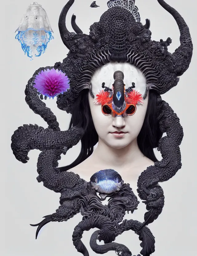 Image similar to 3 d goddess half - turn portrait with ram skull. beautiful intricately detailed japanese crow kitsune mask and clasical japanese kimono. betta fish, jellyfish phoenix, bio luminescent, plasma, ice, water, wind, creature, artwork by tooth wu and wlop and beeple and greg rutkowski