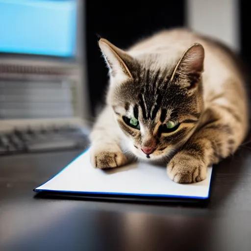 Prompt: cat working at a computer, photo, 8k