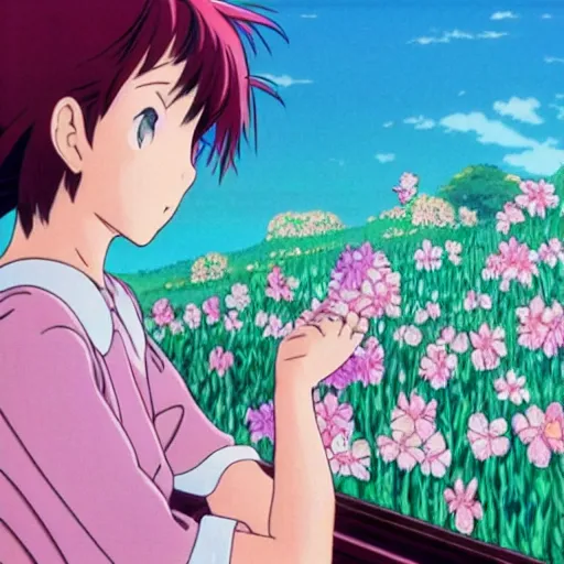 Prompt: girl staring out a window at a sea of flowers, 80s style anime