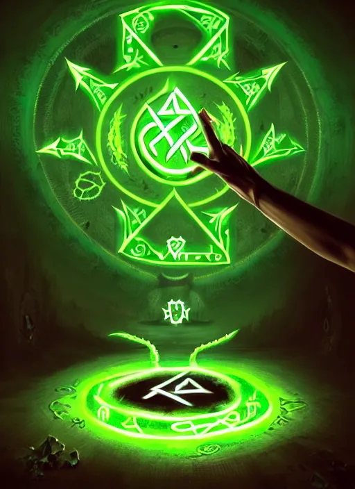 Image similar to illustration of a demonic evil glowing green portal with glowing runes, with hands reaching out from the portal covered in rune tattoos, intricate, demonic, evil green lighting, highly detailed, digital painting, artstation, concept art, smooth, sharp focus, illustration, art by wlop, mars ravelo and greg rutkowski