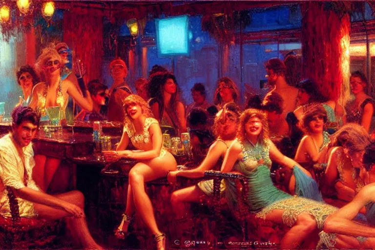 Image similar to 8 0's spring break party, neon light, painting by gaston bussiere, craig mullins, j. c. leyendecker