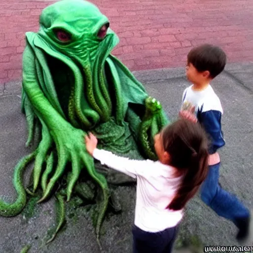 Image similar to cute little Cthulhu playing with kids