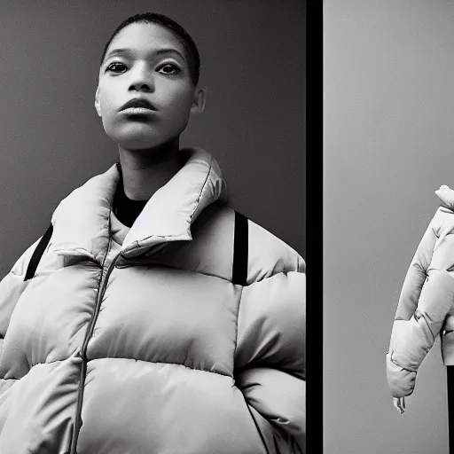 Image similar to realistic! photoshoot for a new balenciaga lookbook, color film photography, portrait of a beautiful woman wearing a puffer jacket, photo in style of tyler mitchell, 35mm