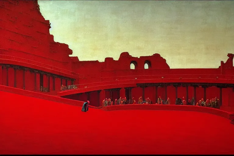 Image similar to only with red, a red melted emperor, taormina amphitheatre, crowd hails him happy, in the style of beksinski, parts by edward hopper, parts by rodcenko, parts by yue minjun, intricate and epic composition, red by caravaggio, insanely quality, highly detailed, masterpiece, red light, artstation, 4 k