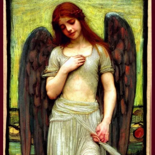 Prompt: An angel losing their wings calmly in the style of John William Waterhouse