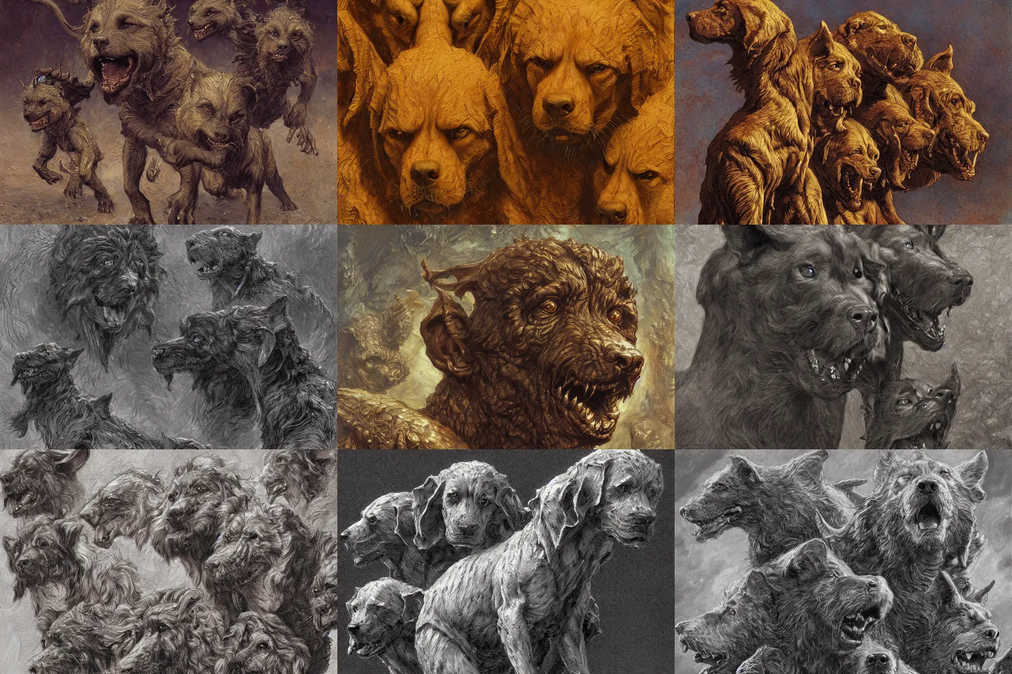 Image similar to cerberus hyperdetailed photo of a cerberus by ed binkley, ilya repin, alex horley, johfra bosschart, craig mullins, three head one body, cerberus, details