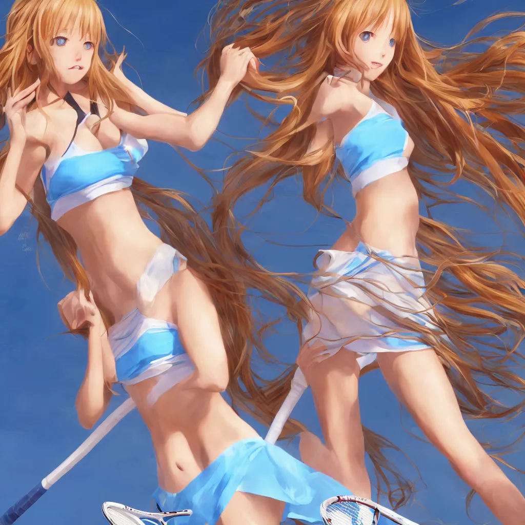 Image similar to a very beautiful young tennis player yuuki asuna, full body, long wavy blond hair, sky blue eyes, full round face,, bikini, miniskirt, front view, mid - shot, highly detailed, cinematic wallpaper by stanley artgerm lau