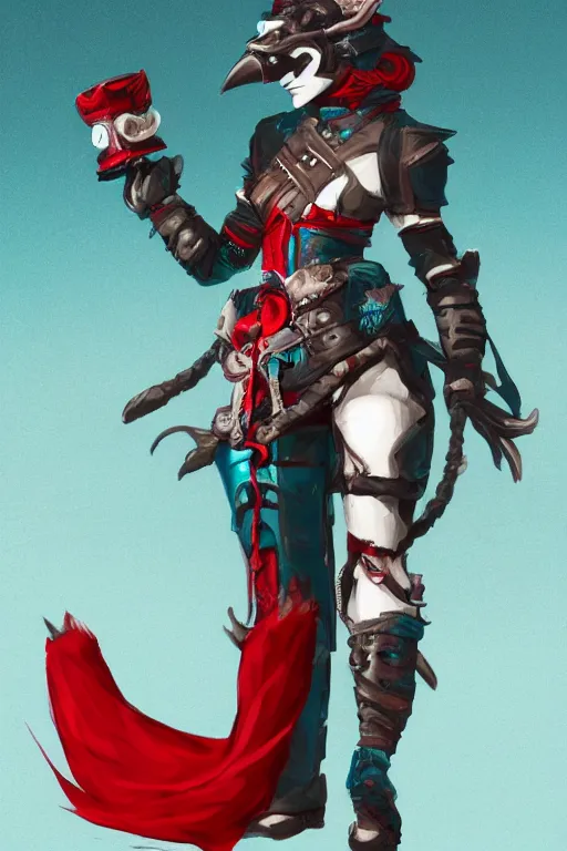 Prompt: female adventurer in tight full - body teal leather armor of japanese design with red accents and a white porcelain crow mask, trending in artstation, japanese, artstation, big moon in the background establishing shot