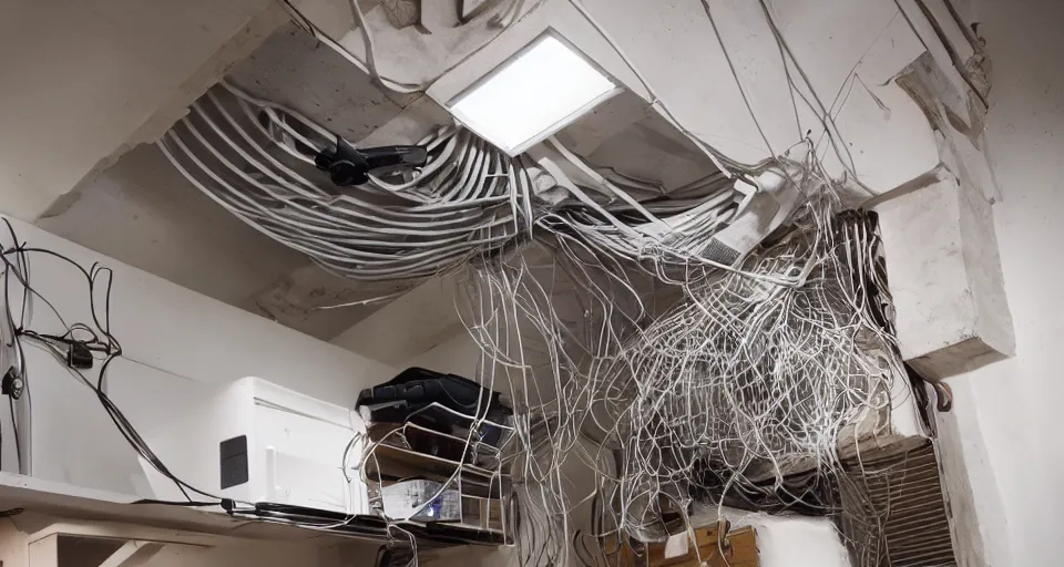 Prompt: a tangle of air ducts, cables and wiring in a small dysoptian flat, style of terry gilliam