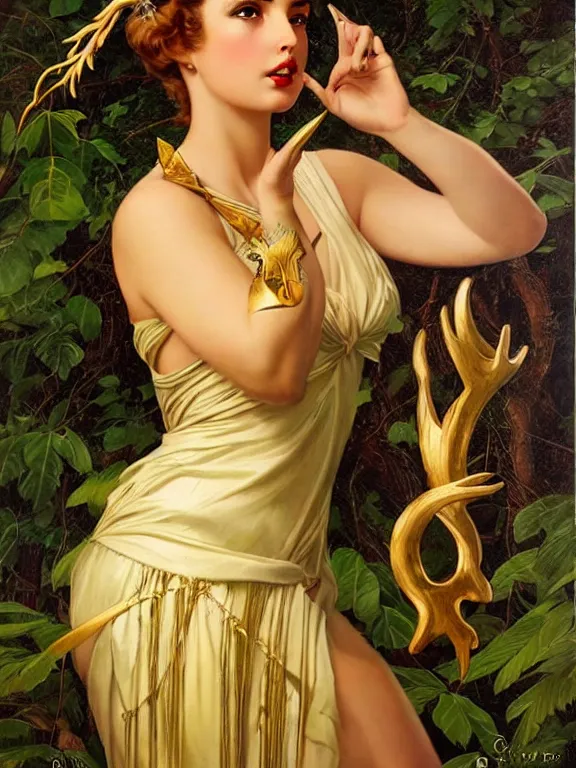 Prompt: Ana de armas as Artemis the Greek goddess of the hunt, a beautiful art nouveau portrait by Gil elvgren, Moonlit forest environment, centered composition, defined features, golden ratio, golden jewelry, sheer, unarmed