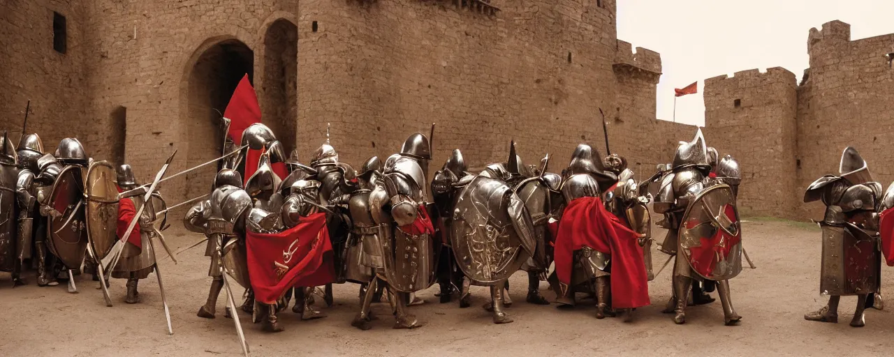 Image similar to medieval knights defending a large mound of spaghetti behind the castle gates, small details, realistic faces, intricate, canon 5 0 mm, high detail, intricate, cinematic lighting, photography, wes anderson, film, kodachrome