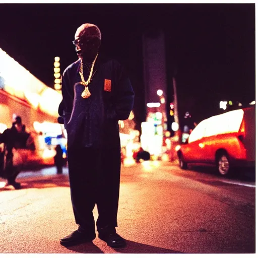 Prompt: old black man in tokyo at night, wearing gold chain, gold rings, cinestill 8 0 0,