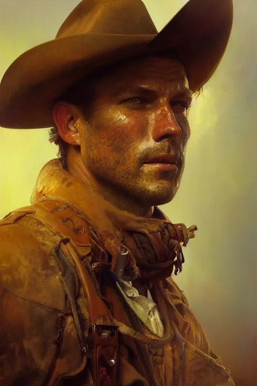 Image similar to hyperrealist portrait of a rodeo cowboy by jeremy mann and alphonse mucha, fantasy art, photo realistic, dynamic lighting, artstation, poster, volumetric lighting, very detailed faces, 4 k, award winning