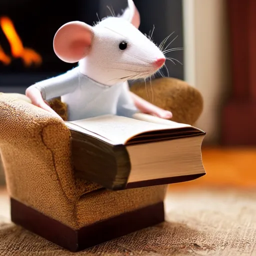 Image similar to an old mouse reading a book in a chair next to a fireplace