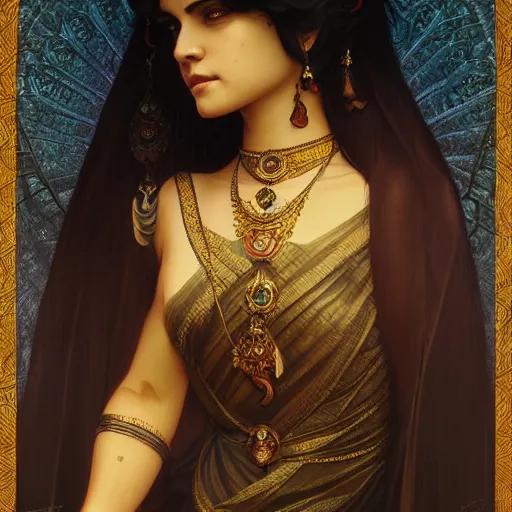 Prompt: Portrait of an hindu goddess as 2B, dark art, D&D, fantasy, intricate, elegant, highly detailed, digital painting, artstation, concept art, matte focus, octane, illustration, art by Artgerm and Greg Rutkowski and Alphonse Mucha