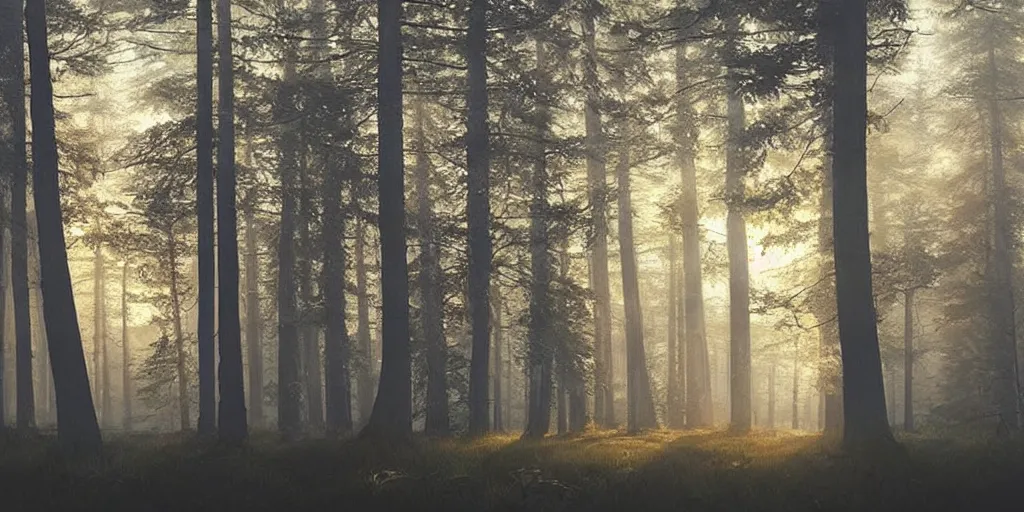 Prompt: swedish forest, photoreal, dawn, hazy, fog, golden hour, sunlight, beautiful!!!!!!!!!, greg rutkowski, cinematic, atmospheric