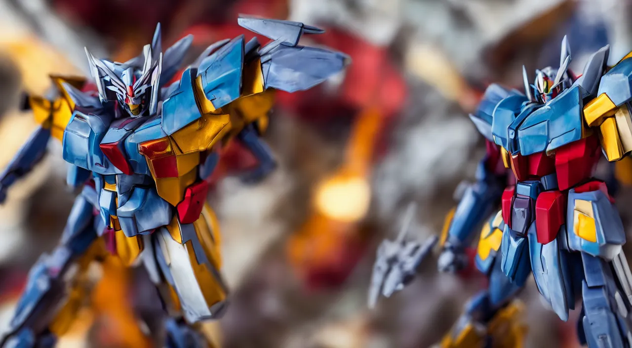 Image similar to medium close up view, Gundam,Guyver,colourful,bokeh,blur,cinematic lighting