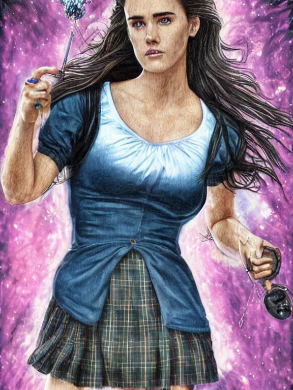 Prompt: full body ultra realistic air spray Jennifer Connelly is a teenage witch in Howards Castle in a girls school uniform with a short tartan skirt, magic overlays glow around her , sexy, magic pendant on her generous cleavage, mysterious tattoo in her shoulder, mystique, D&D, fantasy illustration, highly detailed, digital art, intricate, high detailed, painted by artgerm, guweiz, artstation, digital painting, character design, trending on artstation, smooth, sharp focus