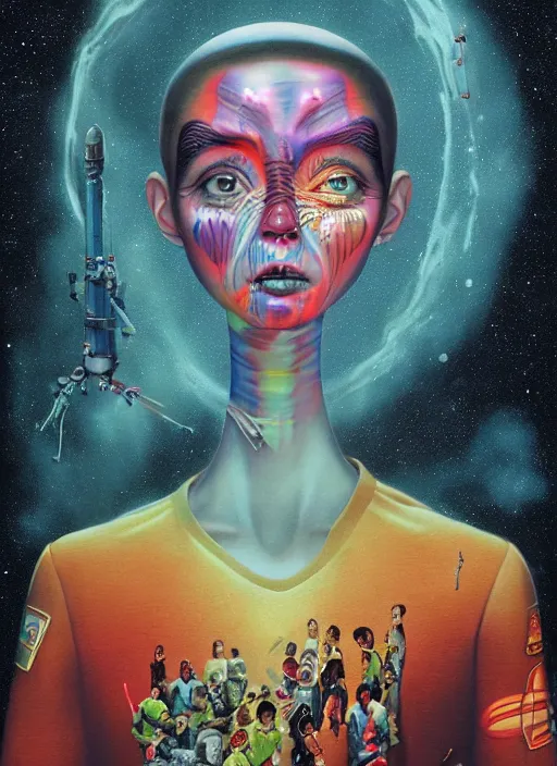 Prompt: first human encounter with aliens in space, by Afarin Sajedi, Alessandro Barbucci, Alex Gross, Shin Jeongho, Shohei Otomo. trending on Artstation, 8k, masterpiece, face enhance, graffiti paint, fine detail, full of color, intricate detail, golden ratio illustration