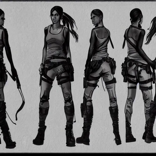 Prompt: lara croft, concept art, sketch, multiple angles, character sheet, character study