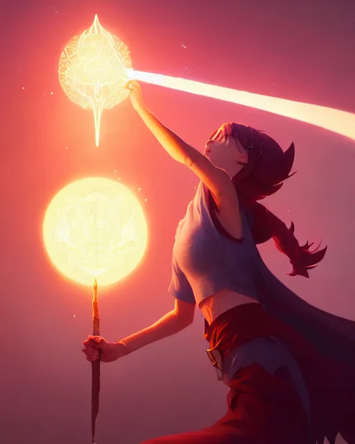 Image similar to highly detailed vfx portrait of a mage casting a light spell, unreal engine, greg rutkowski, loish, rhads, beeple, makoto shinkai and lois van baarle, ilya kuvshinov, rossdraws, tom bagshaw, alphonse mucha, global illumination, detailed and intricate environment