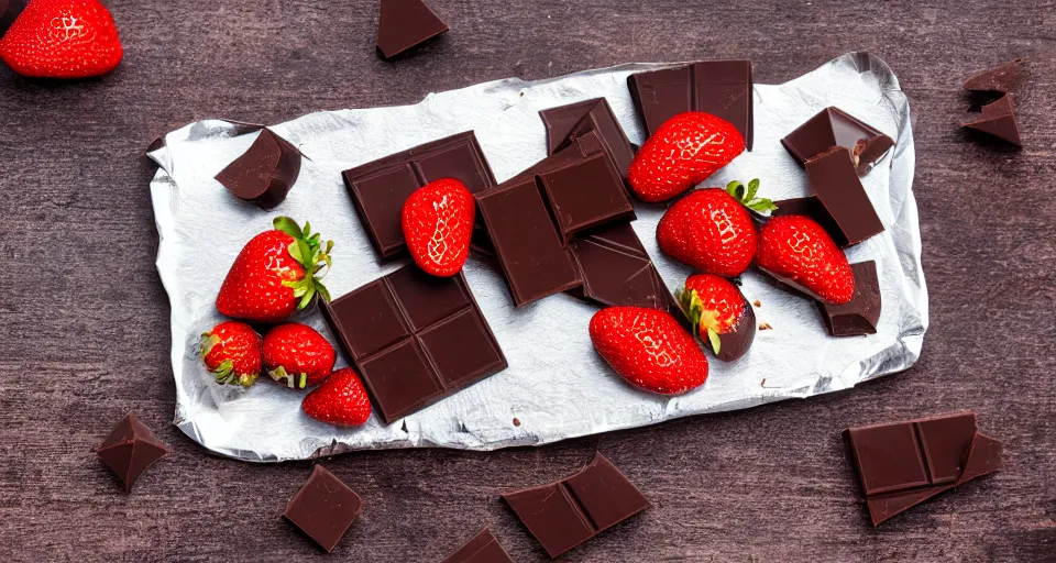 Image similar to A gourmet dark chocolate bar with a piece broken off, on an opened silver wrapper, next to sliced strawberries, on a wooden tray, macro lens product photo