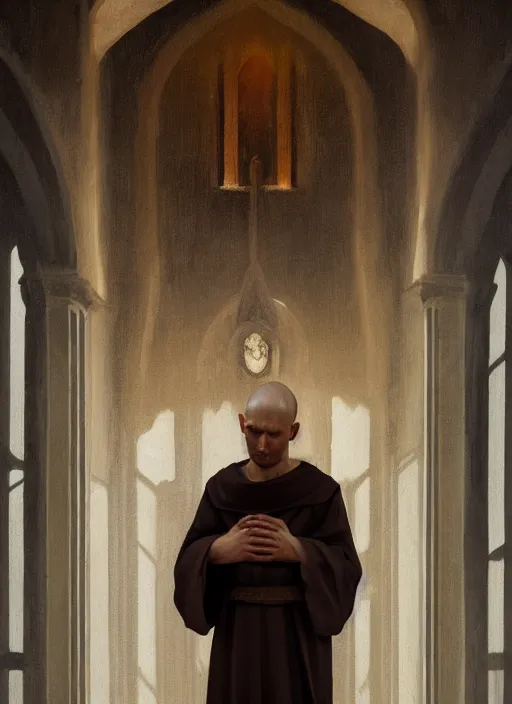 Image similar to symmetry!! oil painting of a weeping tonsured dominican monk in a brown habit, kneeling in a dark empty chapel, hazy, digital art, artstation, cinematic, golden hour, digital art painting by greg rutkowski, cozy atmosphere, cinematic lighting